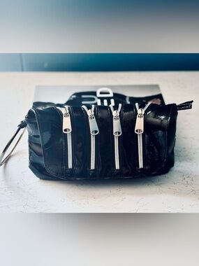 Vintage 80s Black Glossy Tiered Zipper Wristlet with Loop Ring Handle